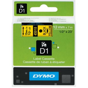 Dymo Tarrakasetti Dymo D1 12mm x 7m musta teksti, keltainen tausta