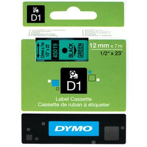 Dymo Tarrakasetti Dymo D1 12mm x 7m musta teksti, vihreä tausta