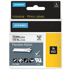 Dymo Tarrakasetti Dymo Rhino 12mm x 3,5m nailonteippi musta teksti, valkoinen tausta