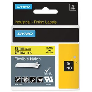 Dymo Tarrakasetti Dymo Rhino 19mm x 3,5m nailonteippi musta teksti, keltainen tausta