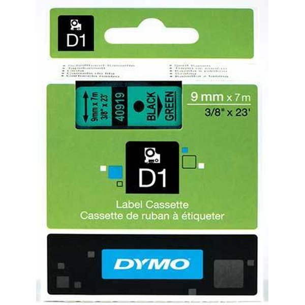 Dymo Tarrakasetti Dymo D1 9mm x 7m musta teksti, vihreä tausta