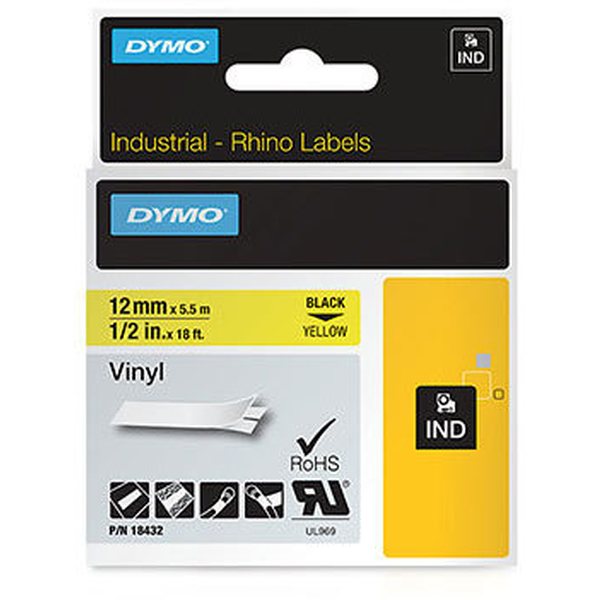 Dymo Tarrakasetti Dymo Rhino 12mm x 5,5m vinyyliteippi musta teksti, keltainen tausta