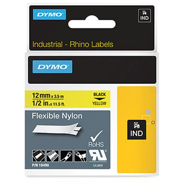 Dymo Tarrakasetti Dymo Rhino 12mm x 3,5m nailonteippi musta teksti, keltainen tausta