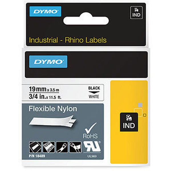 Dymo Tarrakasetti Dymo Rhino 19mm x 3,5m nailonteippi musta teksti, valkoinen tausta